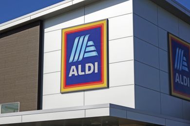 Aldi store exterior with the stores logo prominently displayed