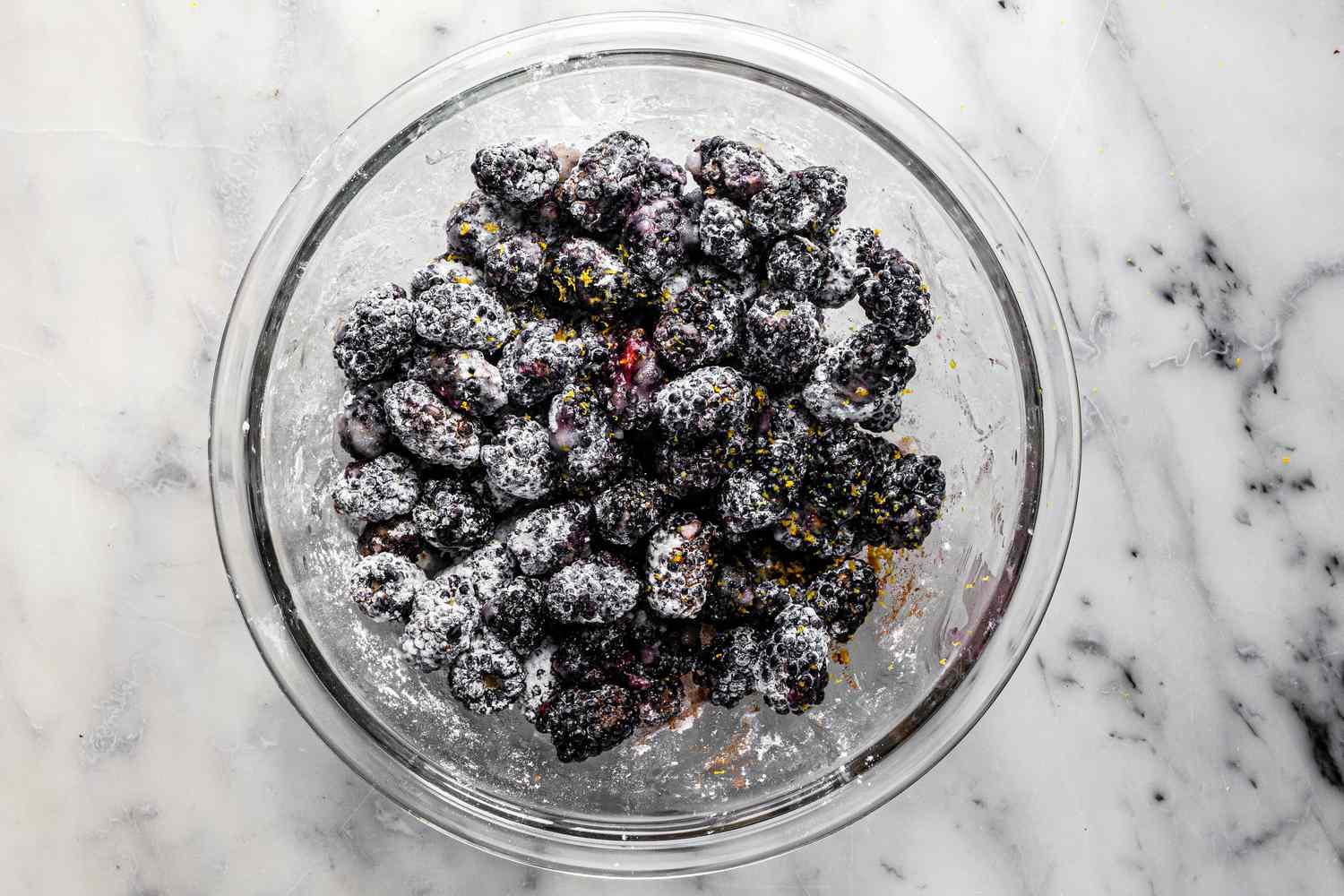 Blackberry Filling Mixed Together in a Bowl for Blackberry Pie Recipe
