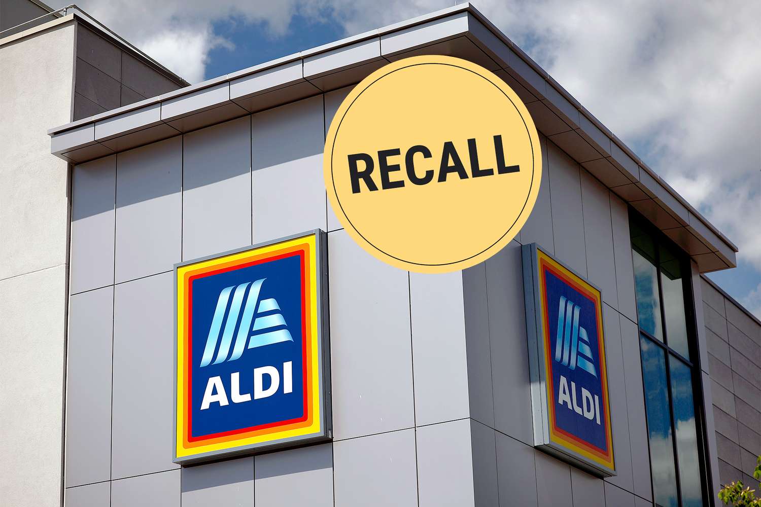 Aldi storefront with a recall message overlayed