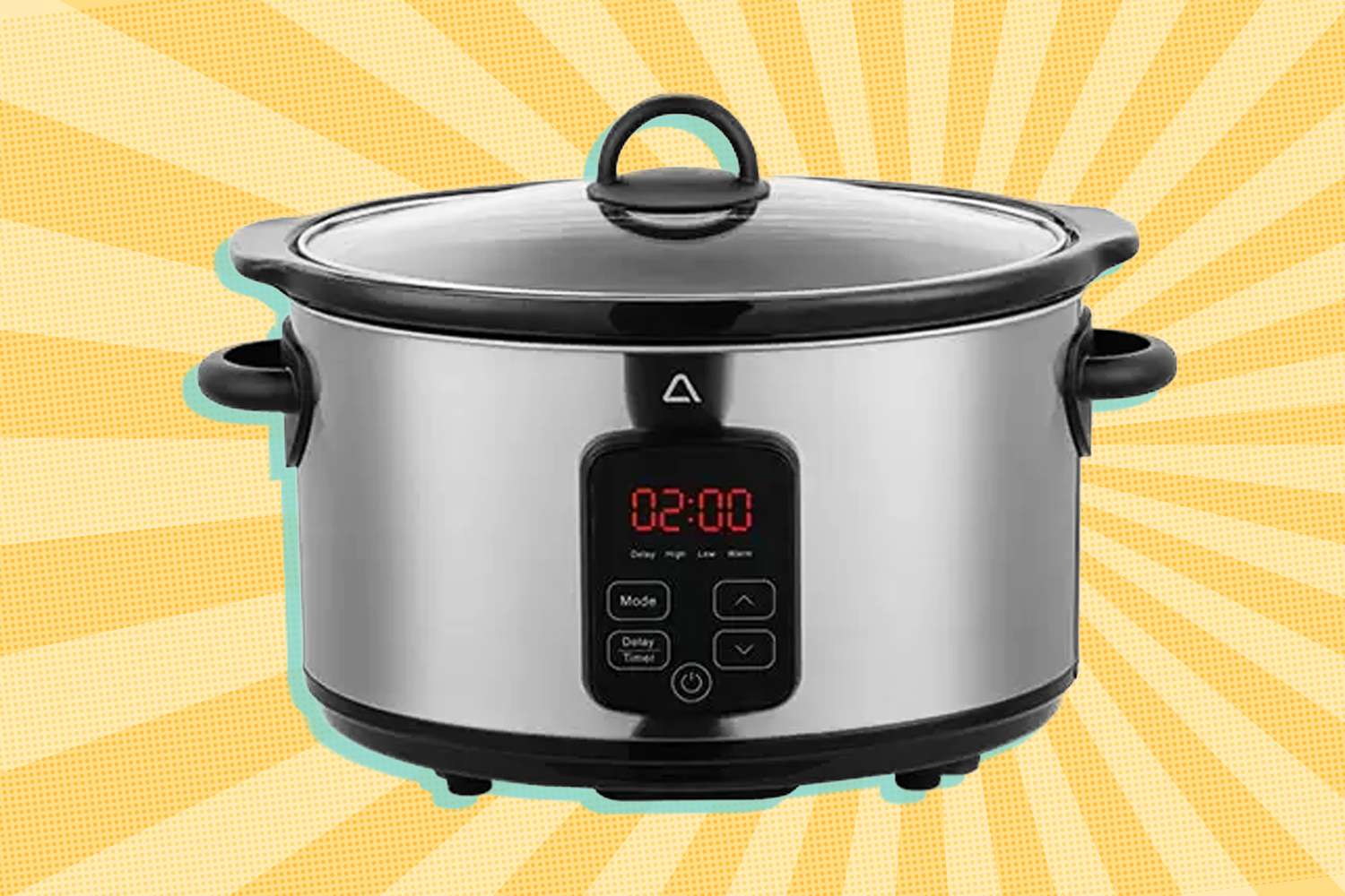 Aldi slow cooker on a yellow background