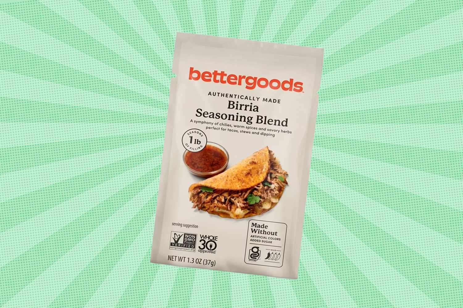 Package of Birria Seasoning Blend from bettergoods on a radial background