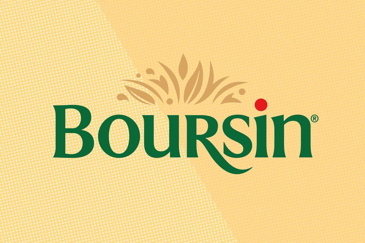 Boursin cheese logo displayed on a yellow background