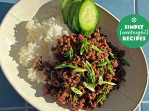 Ground beef and rice on a bowl