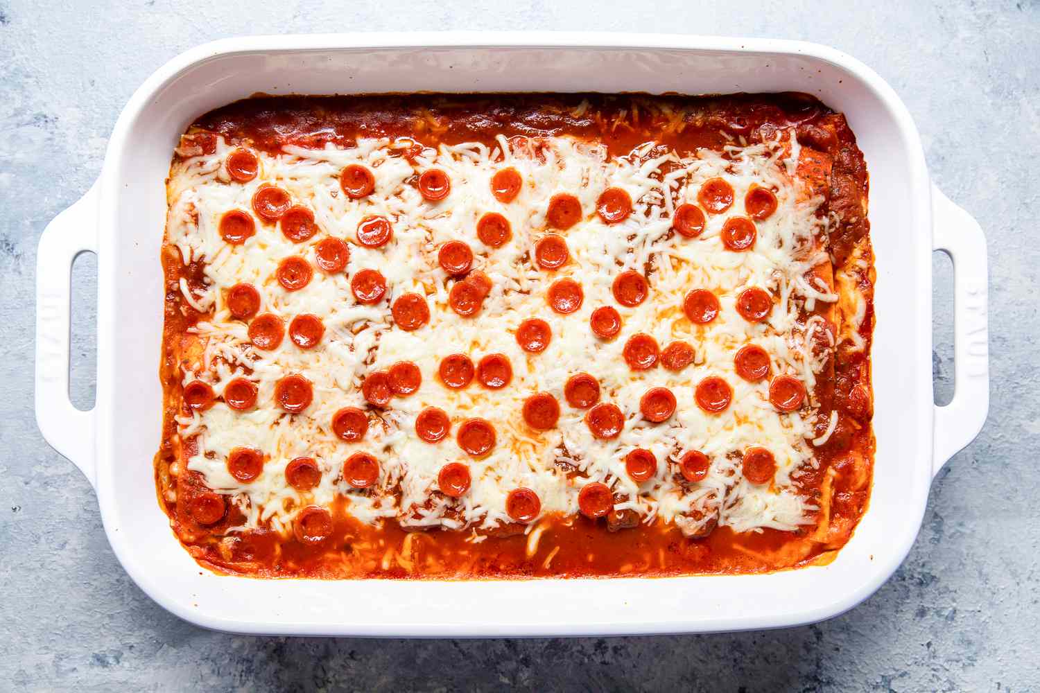 Casserole Dish With Baked Pepperoni Pizza Lasagna Ready to Serve