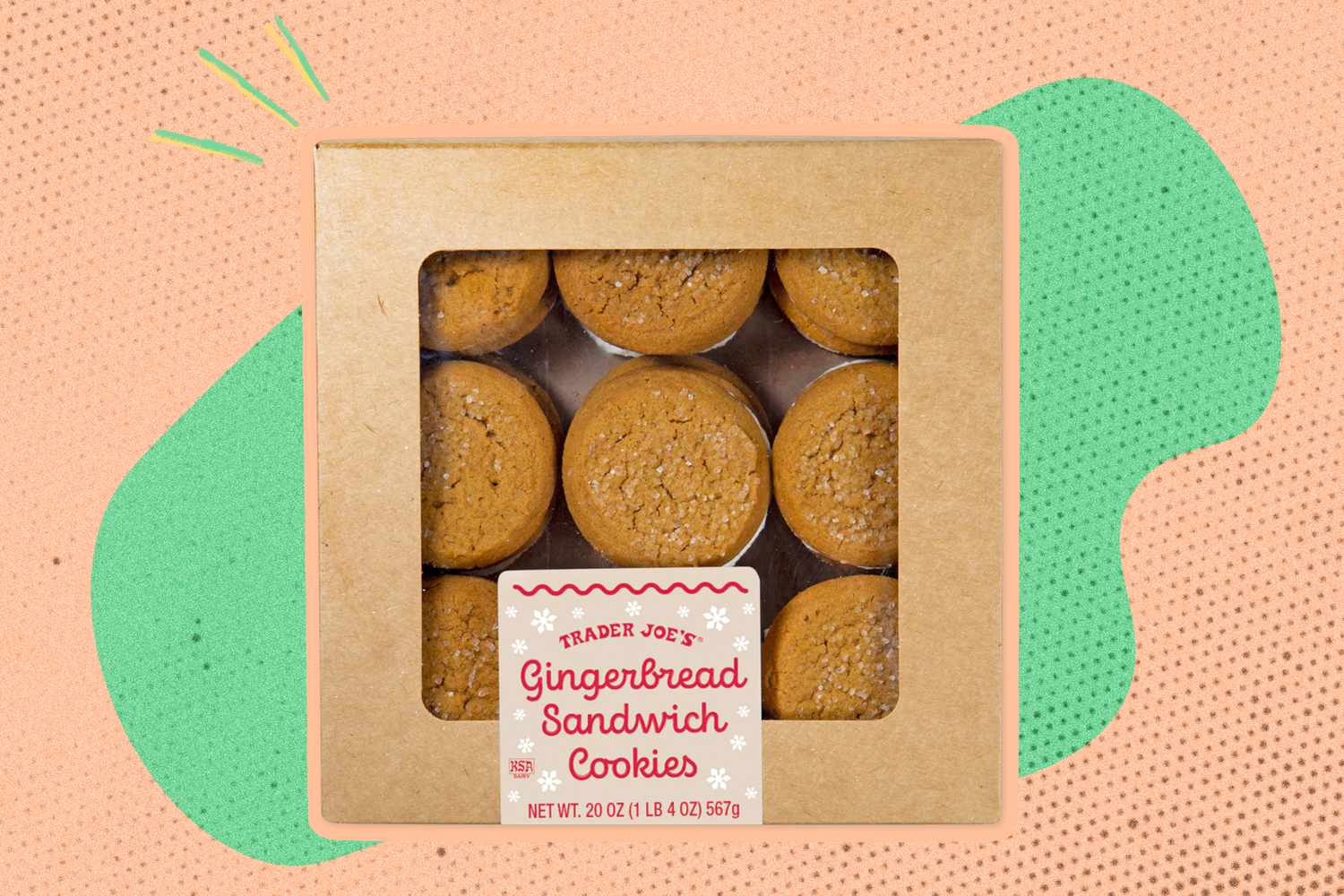 A box of Trader Joe's gingerbread sandwich cookies on an illustrated background