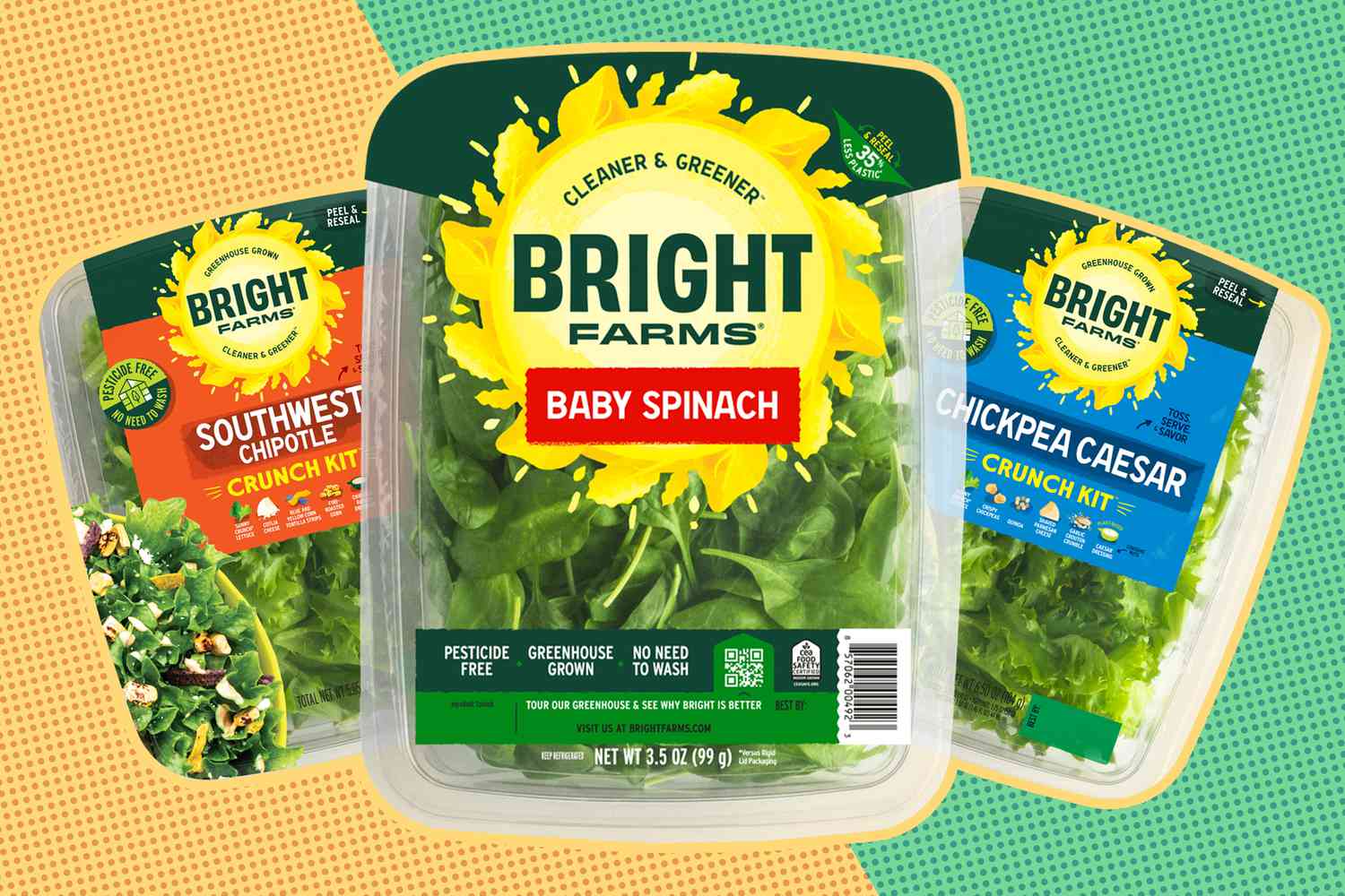 Three boxes of BrightFarms salad kits and spinach. 