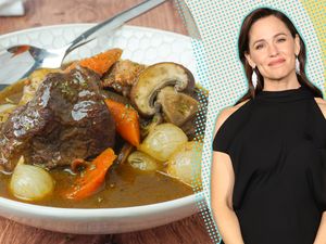 A split image of a bowl of beef bourguignon and a Jennifer Garner