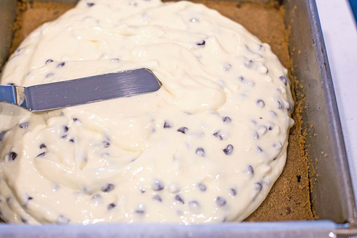Cheesecake bars with chocolate chips spread out the filling