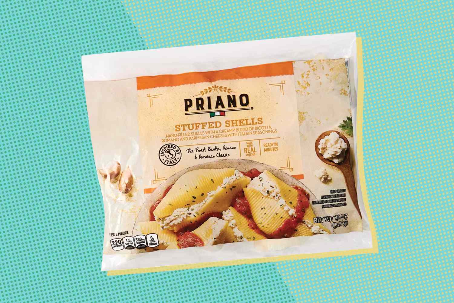 A package of Priano stuffed shells against a colorful background