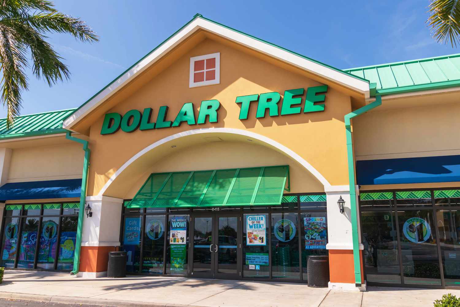 A Dollar Tree storefront in a commercial area, featuring arched design and green accents
