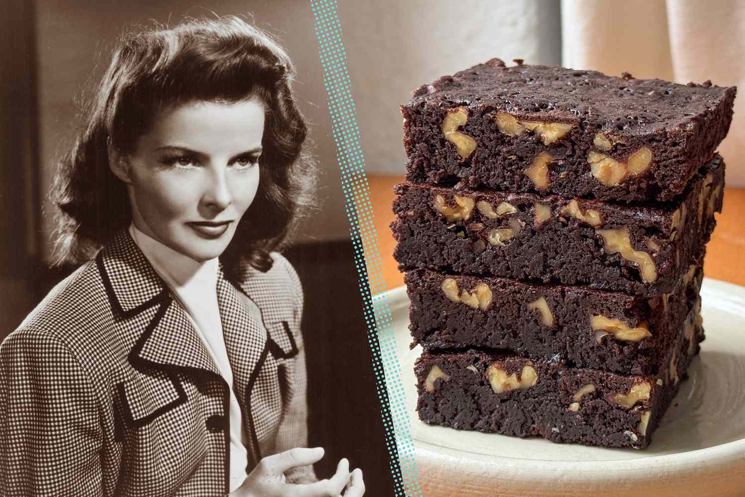 Headshot of Katharine Hepburn next to a stack of dark chocolate brownies studded with walnuts