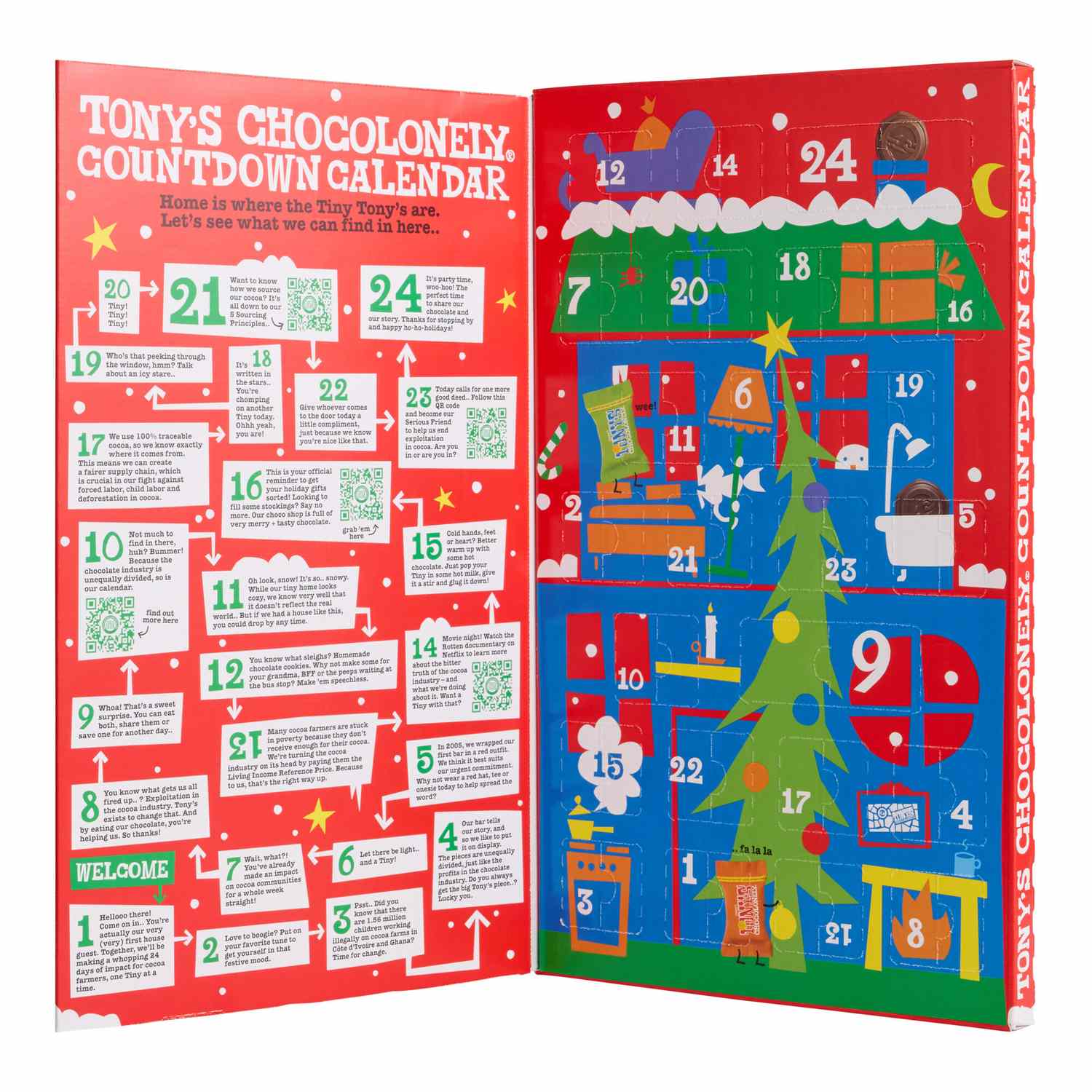 Tonys Chocolonely Advent calendar displayed open with numbered compartments