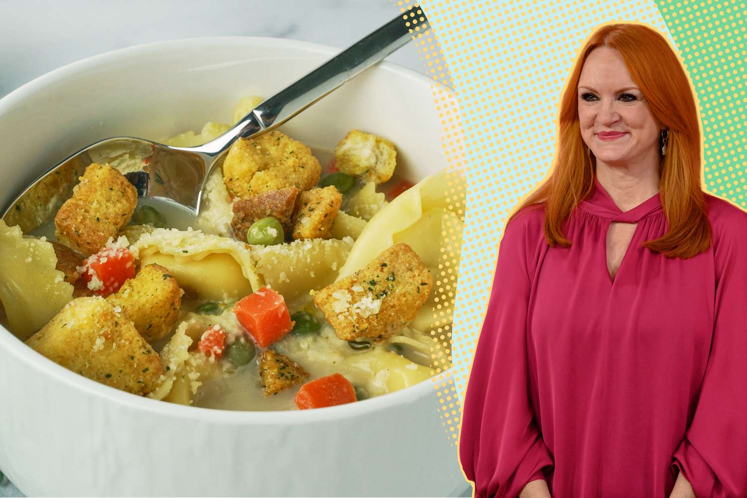 Ree Drummond next to a bowl of creamy tortellini soup with croutons and vegetables