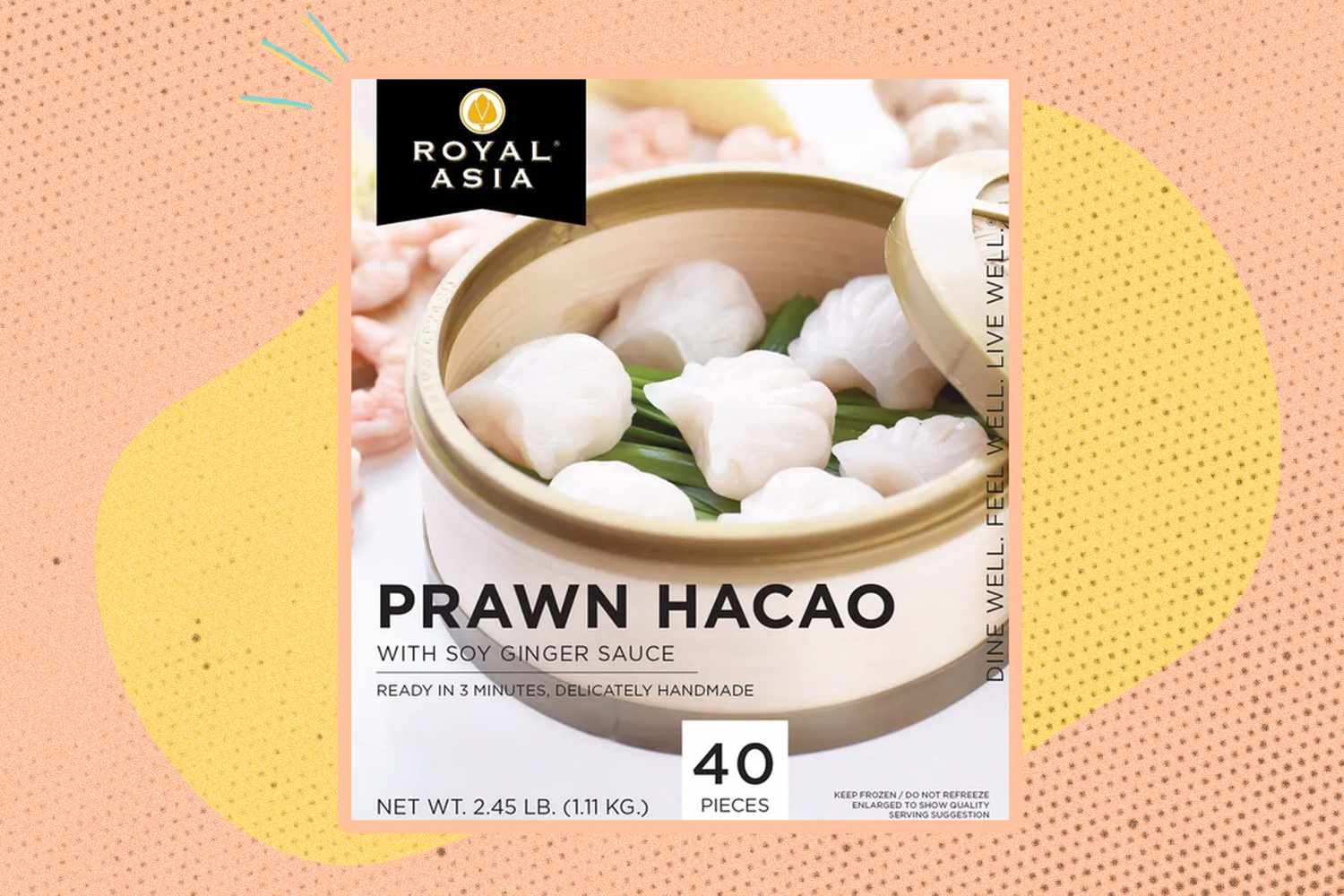 A prawn Hacao dumplings bag on an illustrated background