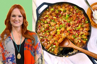 A split image of Ree Drummond and her cowboy casserole recipe in a cast iron skillet
