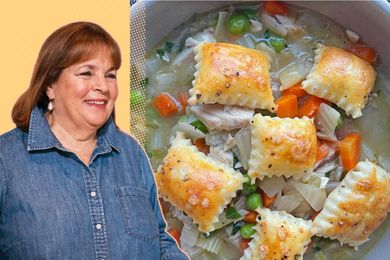 A split image of Ina Garten and a a bowl of chicken pot pie topped with puff pastry squares