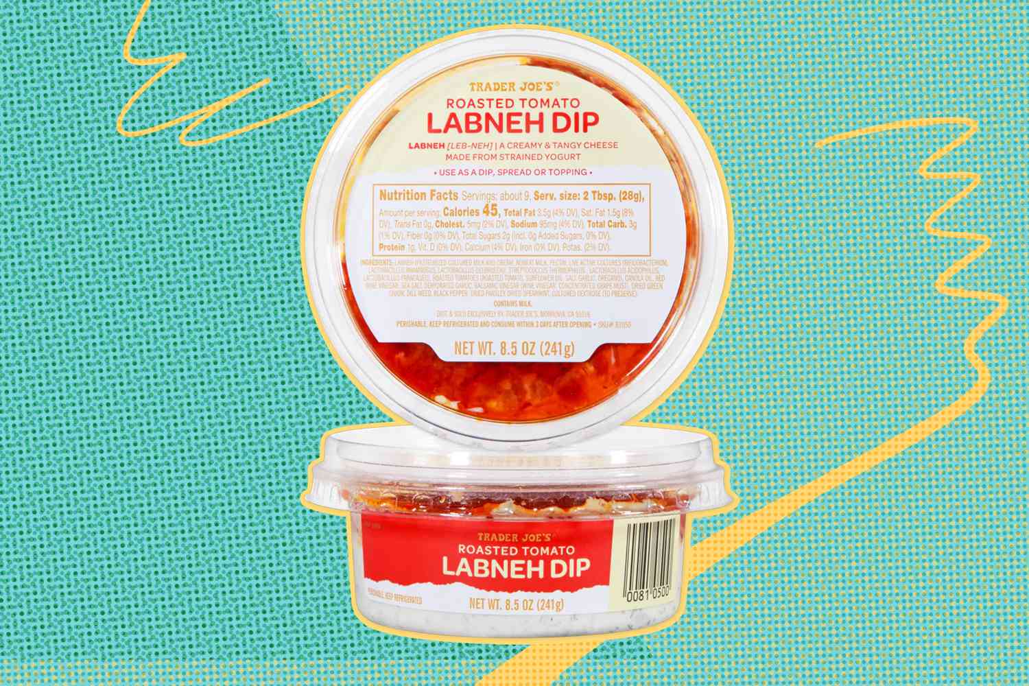 Two containers of Trader Joe's Roasted Tomato Labneh Dip, one showing the label and the other the back