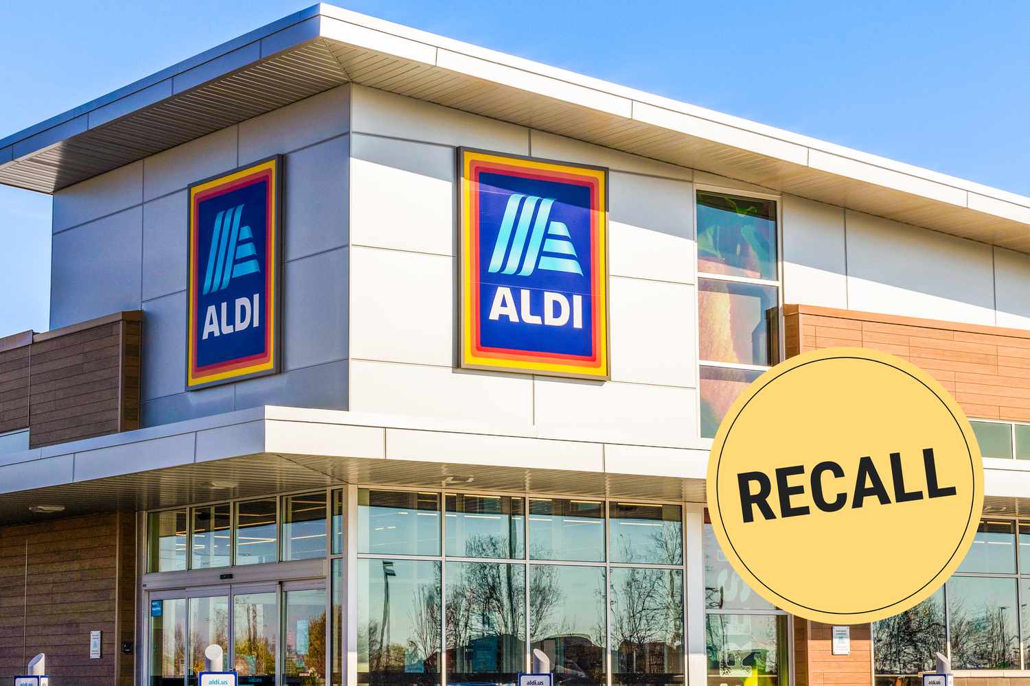 Aldi storefront image with a recall sticker