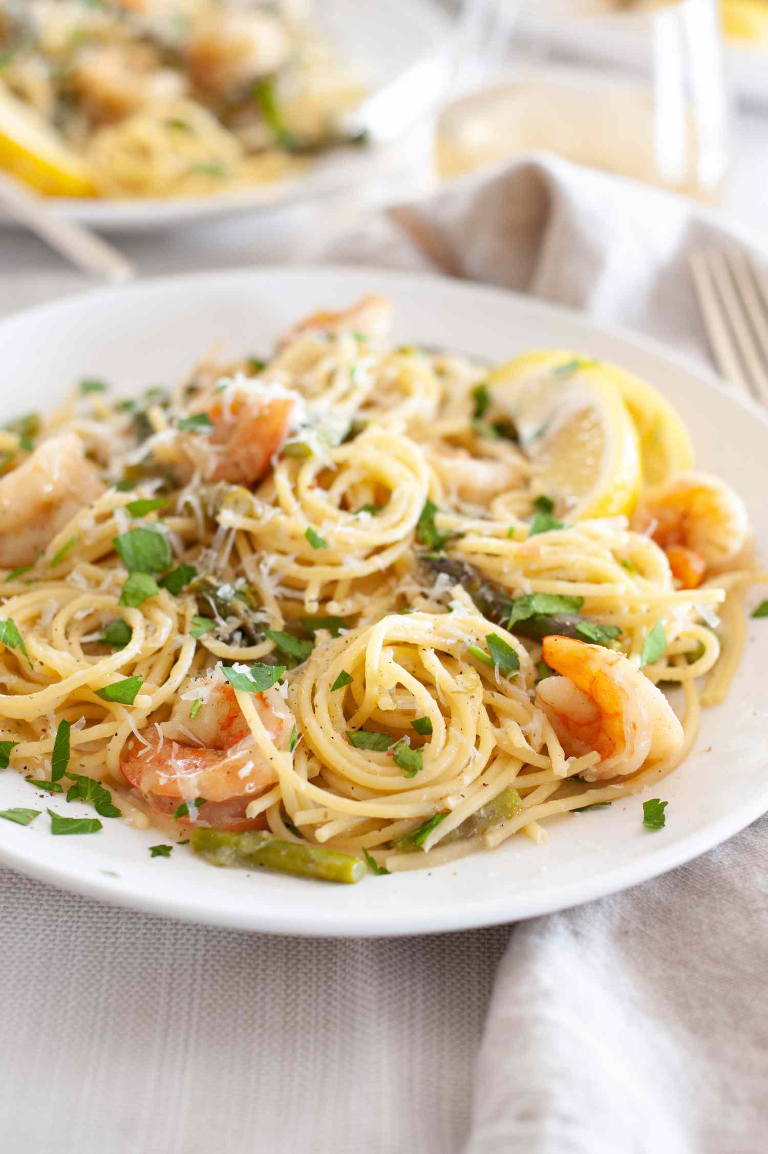 Shrimp and Asparagus Pasta on a Plate 