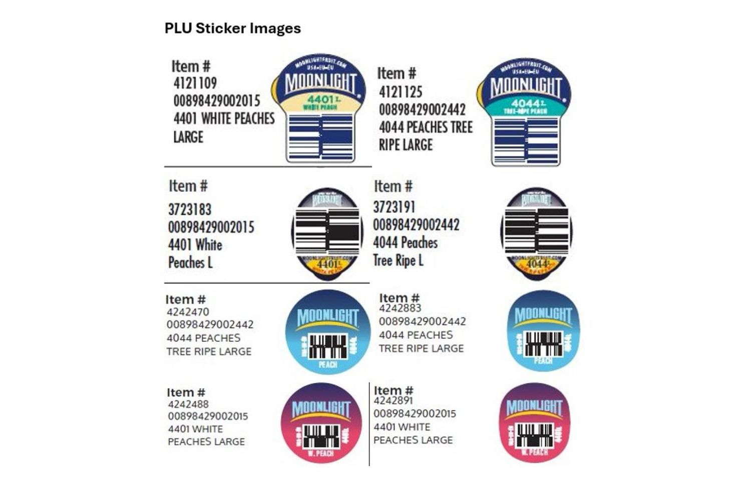 PLU stickers for various types of peaches with item numbers and descriptions