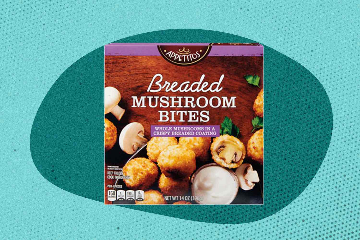 Box of breaded mushroom bites displayed on a textured background
