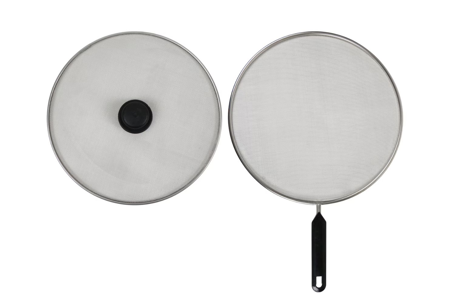 Two kitchen utensils a pot lid and a splatter screen placed side by side