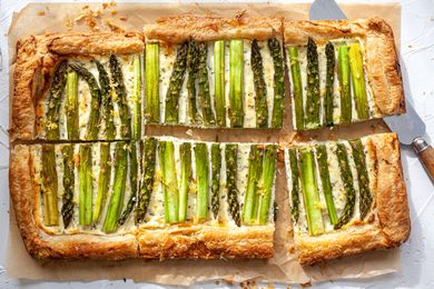 Asparagus Tart with Goat Cheese and Lemon cut into slices.