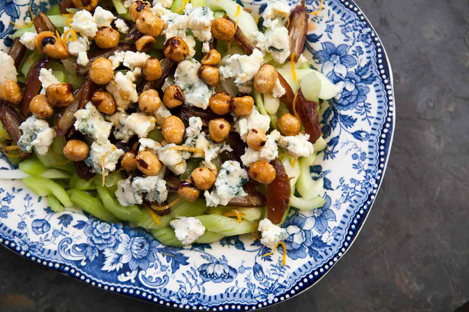 Celery Salad with Dates, Hazelnuts, Blue Cheese