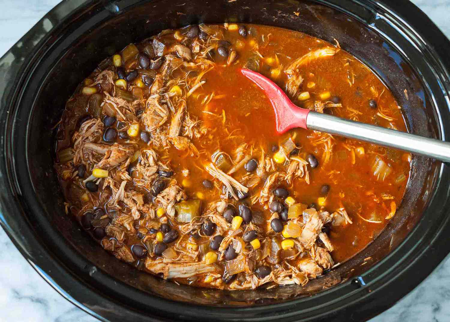 Easy Slow Cooker Shredded Chili Chicken Chili in the crockpot