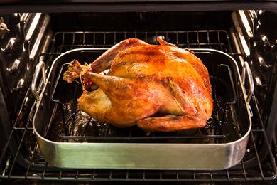 A roasted turkey in a pan inside an oven