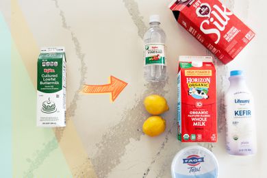 5 Buttermilk Substitutes laid on a colorful background.
