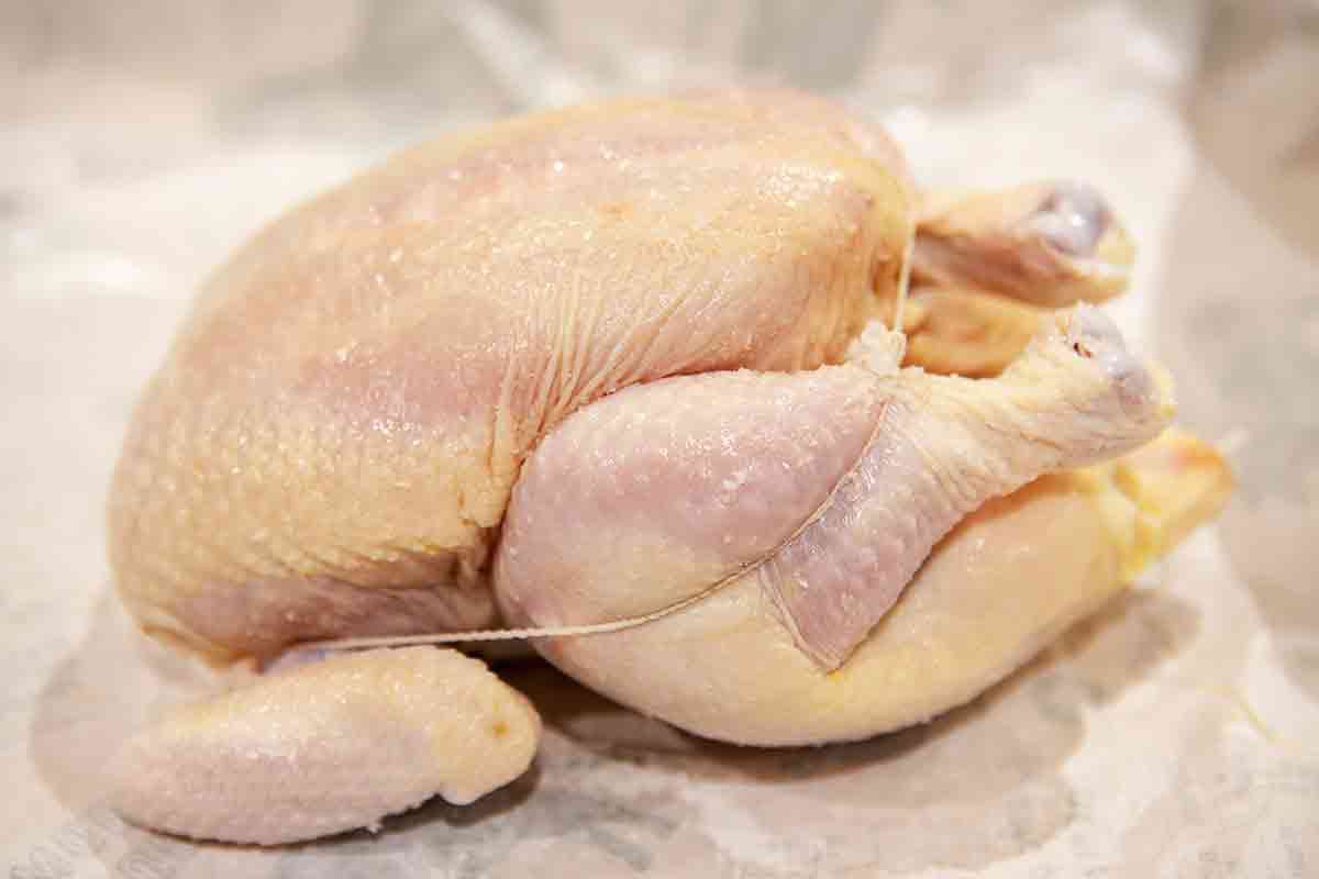 trussing a whole raw chicken