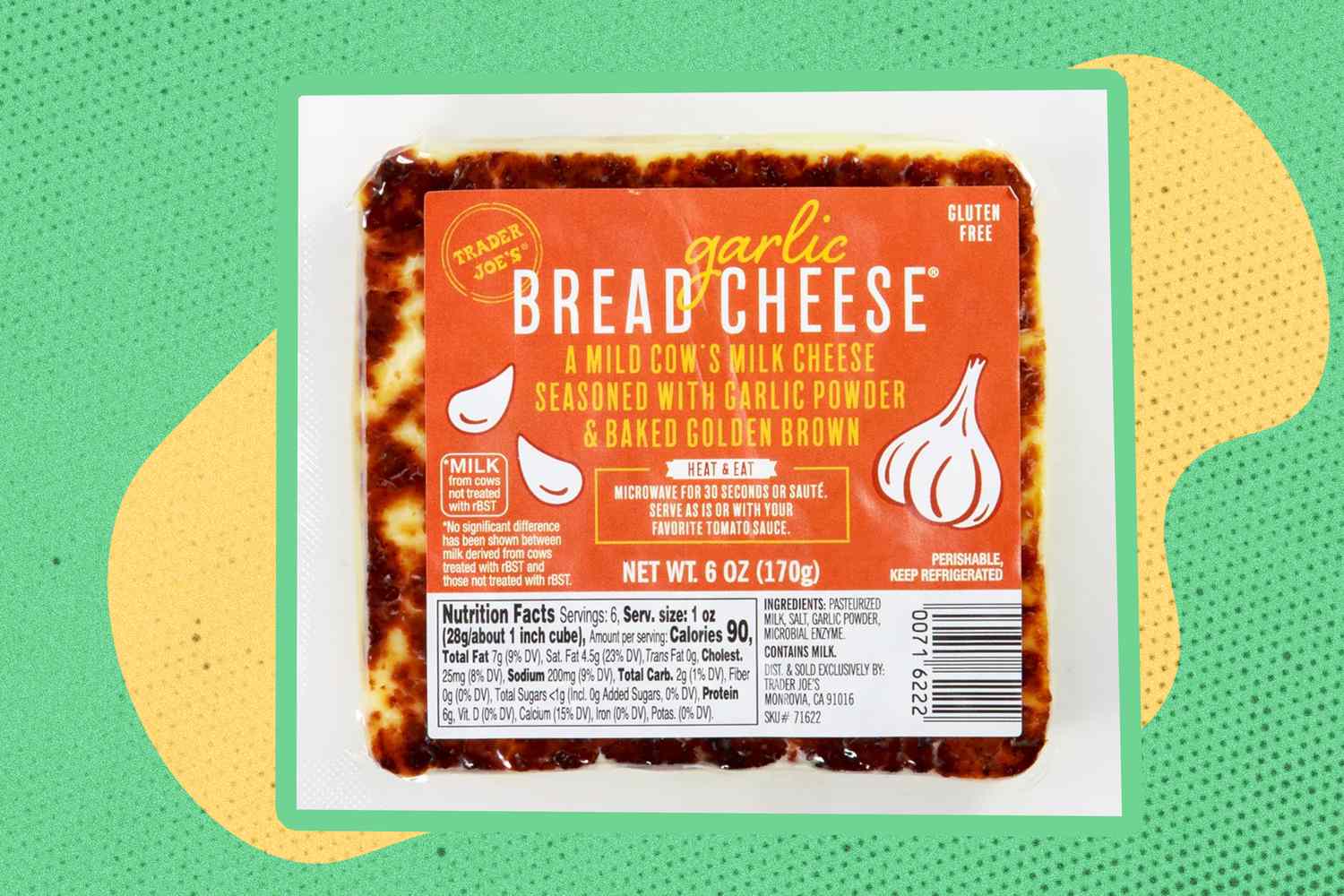 TJ's Garlic Bread Cheese over a colorful background 