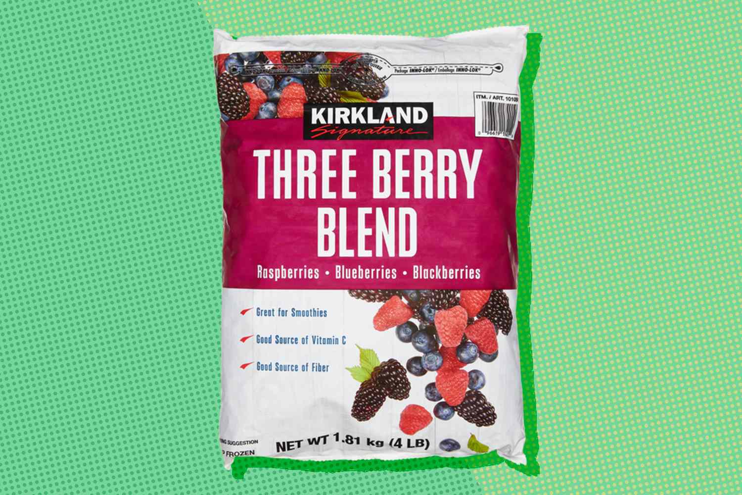 A Kirkland Signature bag of frozen Three Berry Blend on a green background
