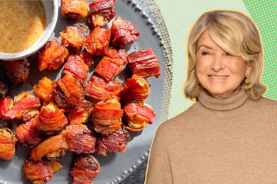 A split image of bacon-wrapped Brussels sprouts on a serving plate with a dip and Martha Stewart
