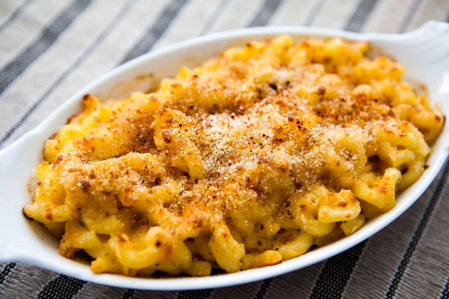 Civil war macaroni and cheese in an oval dish.
