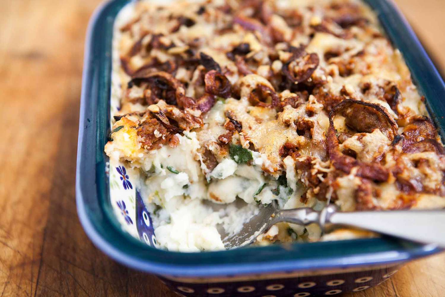 potato, spinach, mushroom and creamy cheese sauce casserole