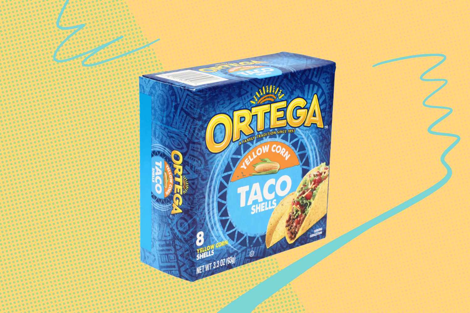 A box of Ortega yellow corn taco shells 8 count displayed against a stylized yellow background