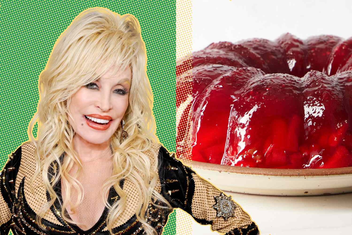 Dolly Parton and a plate with cranberry salad in a molded form