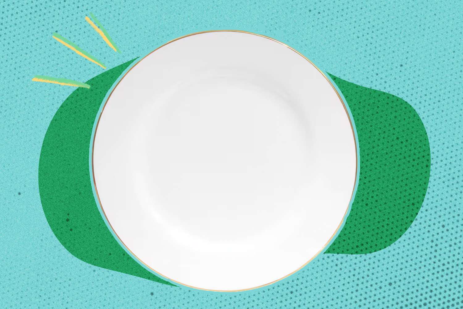 A plain white plate resting on a teal and green patterned background overlaid with stylized design elements
