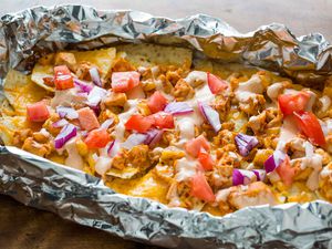 Grilled Chicken Nachos in Foil with Sour Cream BBQ Sauce