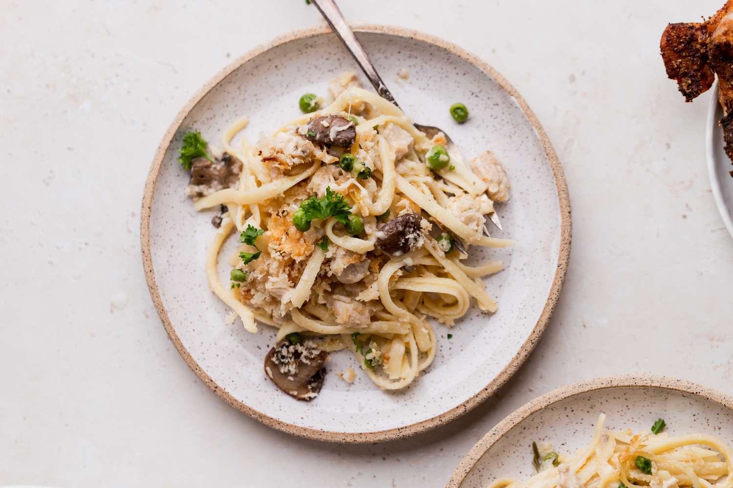 Overhead view of a plate of an old fashioned turkey tetrazzini recipe