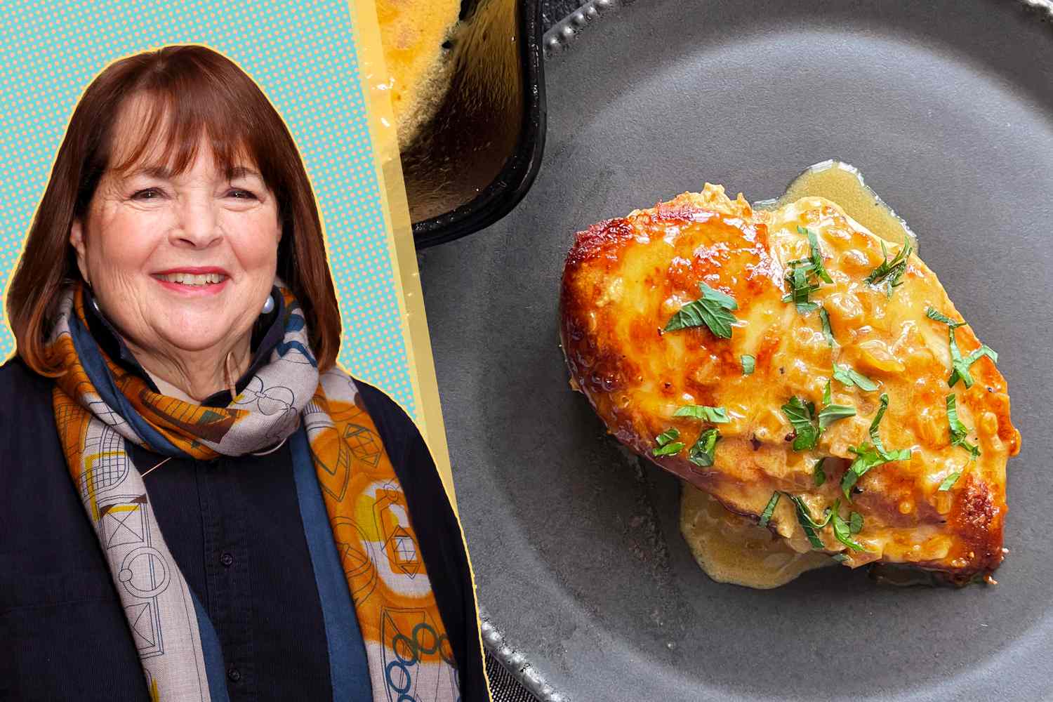 Headshot of Ina Garten next to her Chicken With Shallots recipe on a black plate