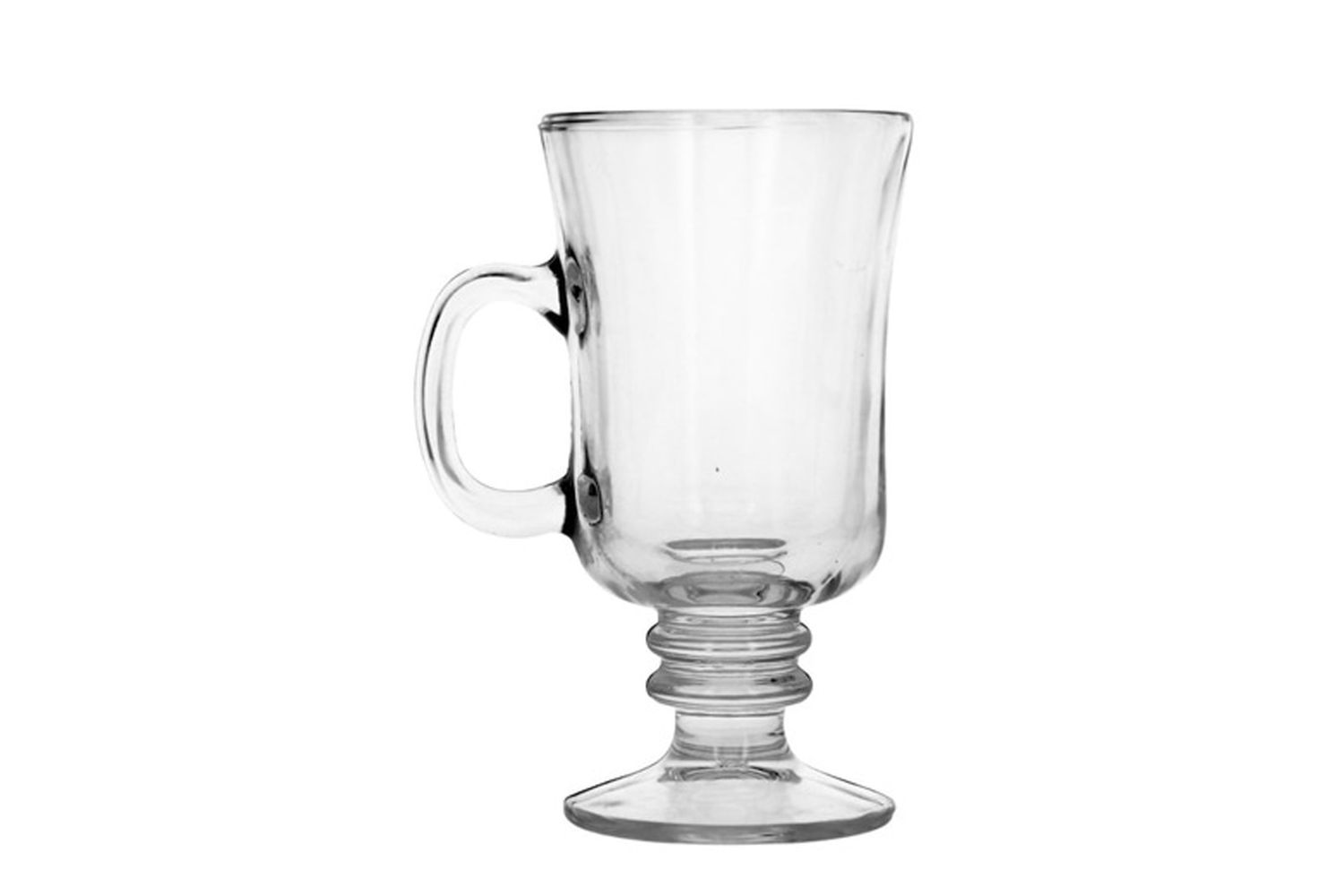 Clear glass mug with a handle and a raised pedestal base