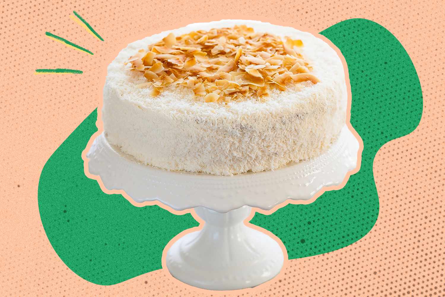 coconut cake on a cake stand (photo cut out) over a green and peach background 