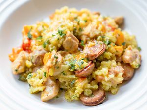 A serving of instant pot paella on a plate