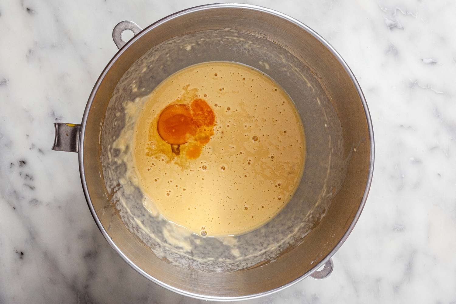 Eggs and Egg Yolks Added to Mixer Bowl for Cinnamon Swirl Raisin Brioche