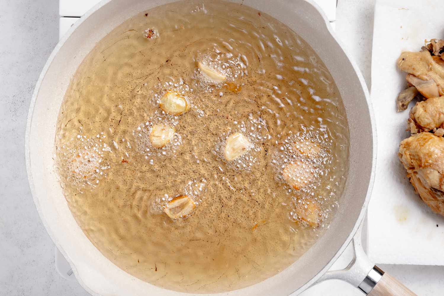Garlic Fried in a Pot of Hot Oil for Filipino Chicken Adobo Recipe 