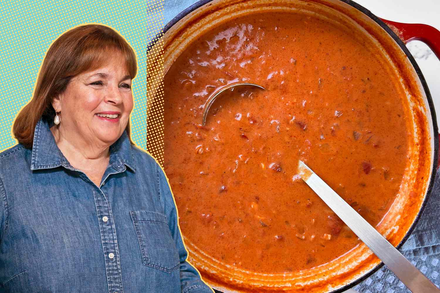 Photo complilation: on the L, a photo of Ina Garten with a blue background with yellow polka dots and on the R, a pot of Ina Garten's Tomato Soup