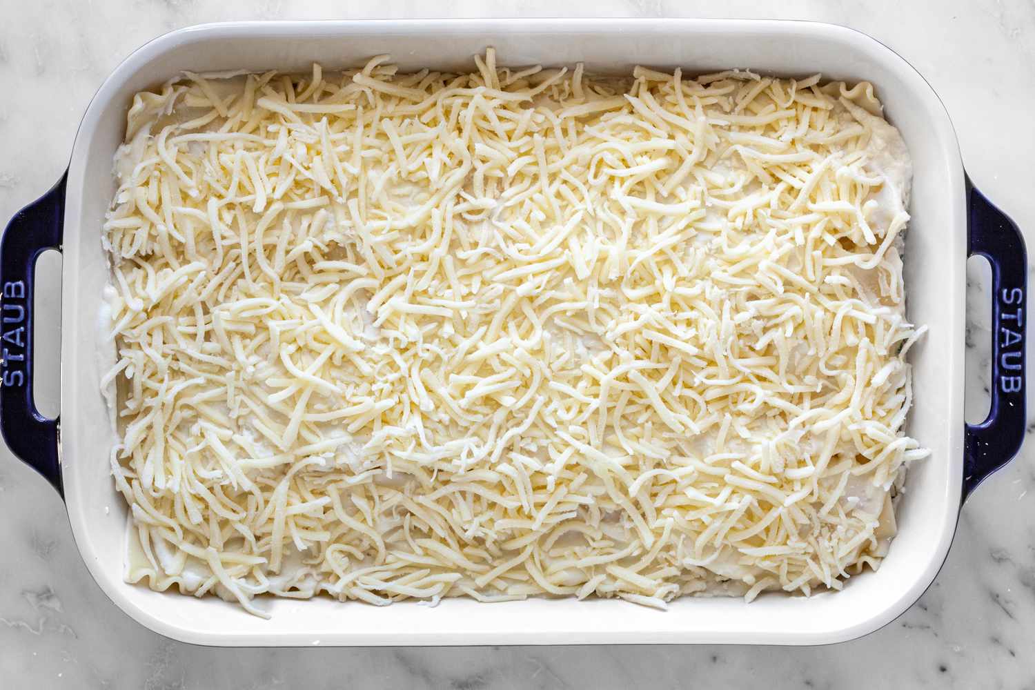 Chicken Lasagna Layering: Shredded Mozzarella Added as Last Layer